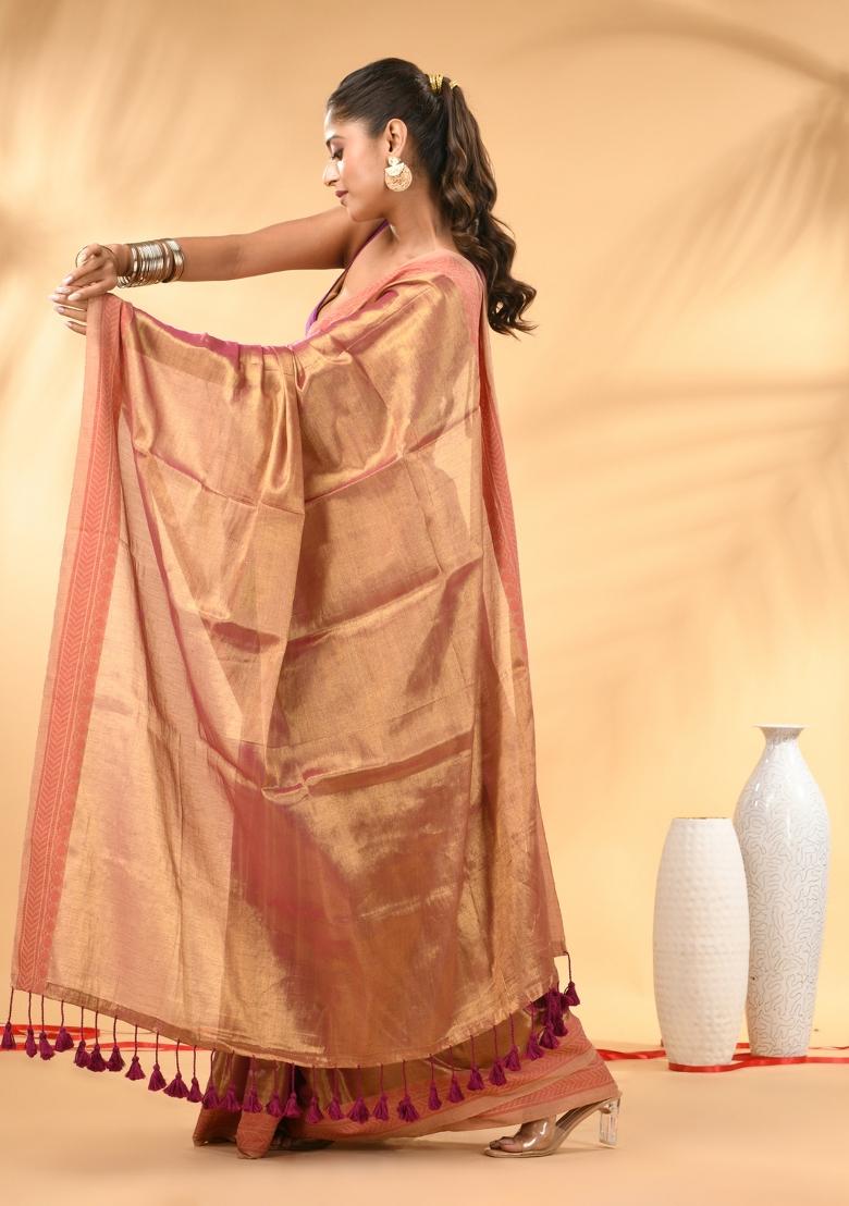 Blush Pink Floral Embroidery Tissue Saree Set - Indya