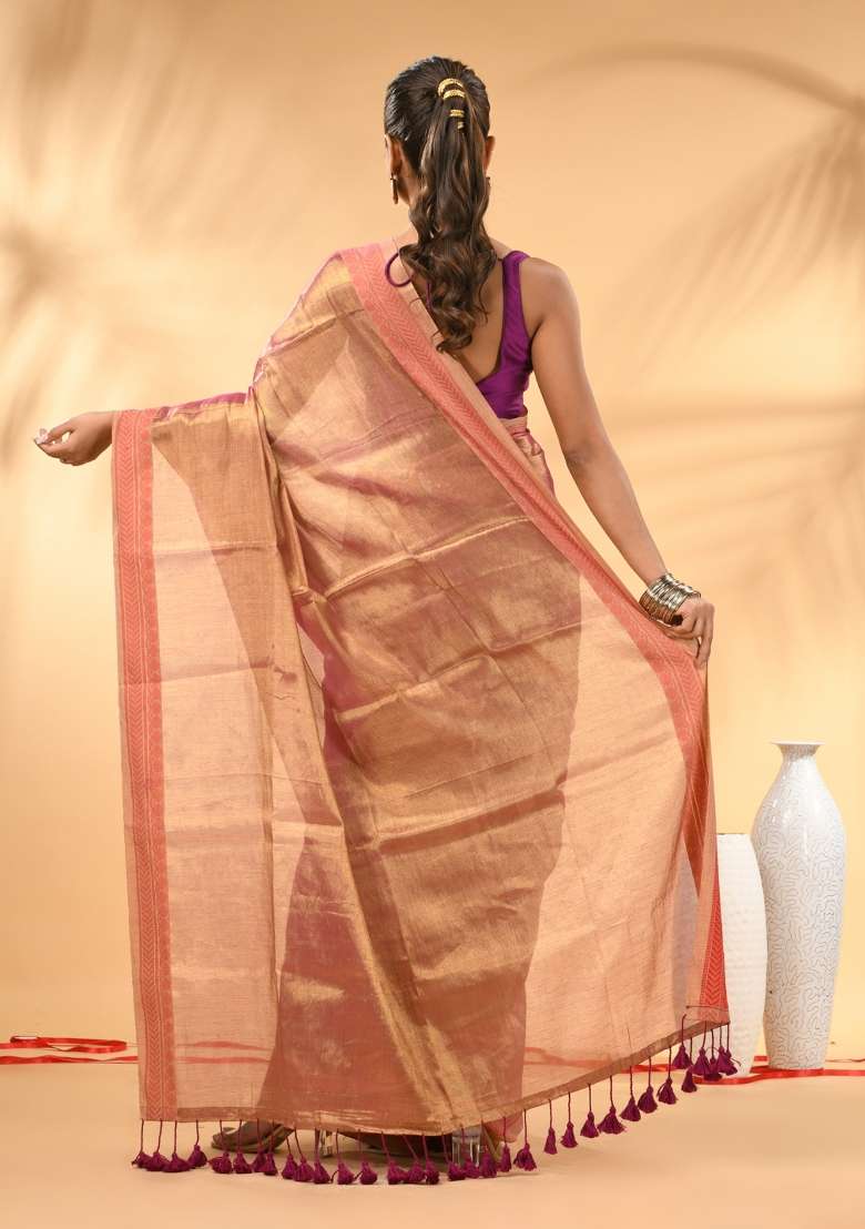 Blush Pink Floral Tissue Saree Set with Embroidery for Diwali | Wedding & Festive Wear - Indya