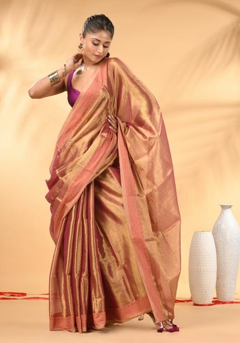 Blush Pink Floral Embroidery Tissue Saree Set