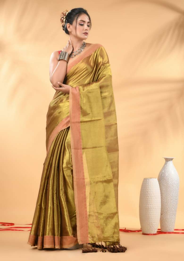 Golden Floral Tissue Saree Set with Embroidery for Diwali | Wedding & Festive Wear - Indya
