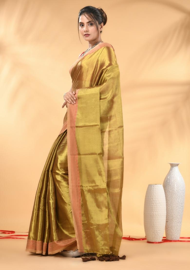 Golden Floral Embroidery Tissue Saree Set - Indya