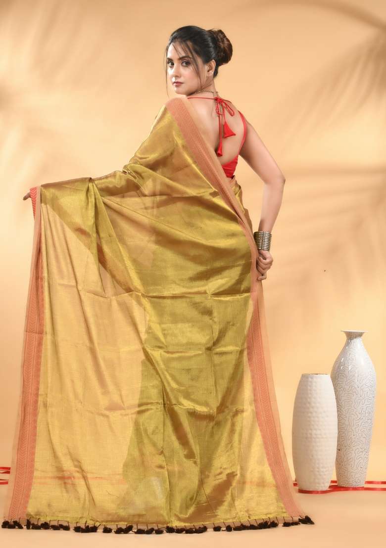 Golden Floral Tissue Saree Set with Embroidery for Diwali | Wedding & Festive Wear - Indya