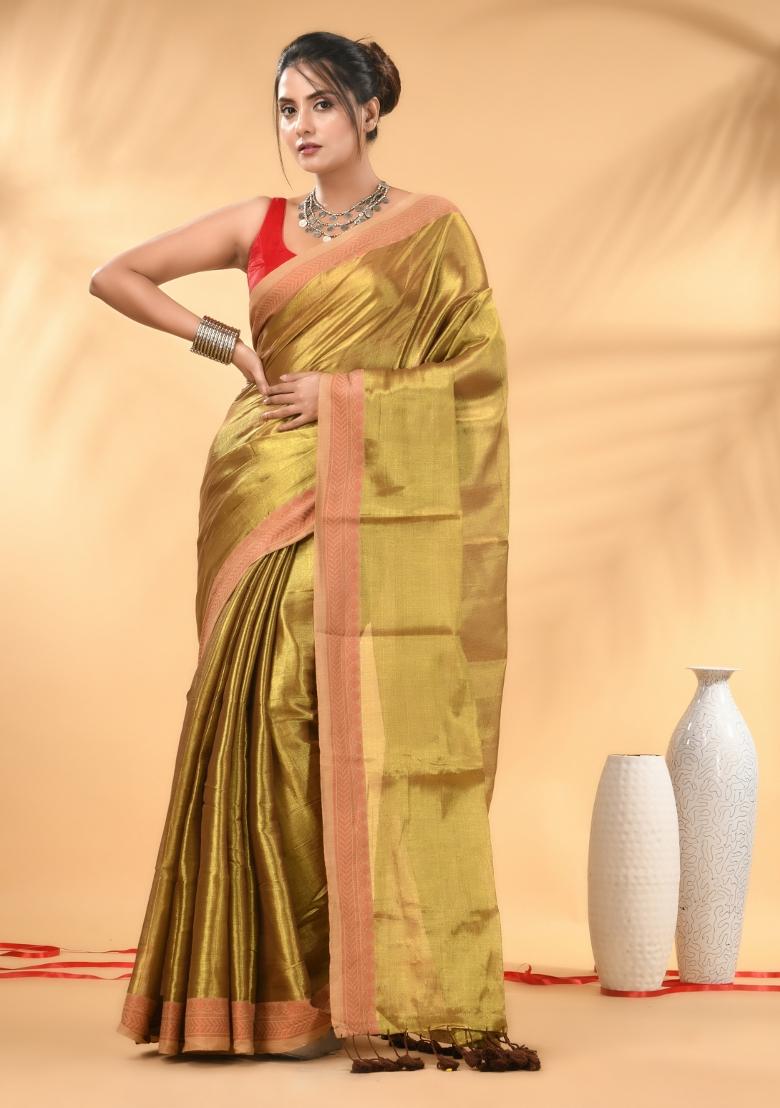 Golden Floral Embroidery Tissue Saree Set - Indya