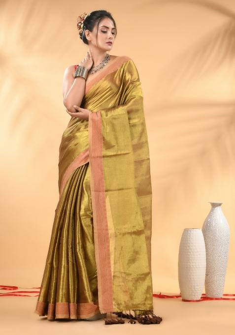 Golden Floral Embroidery Tissue Saree Set