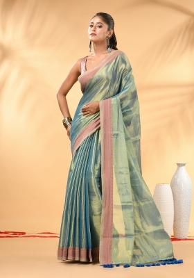 Sky Blue Floral Embroidery Tissue Saree Set