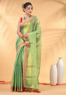 Sea Green Floral Embroidery Tissue Saree Set