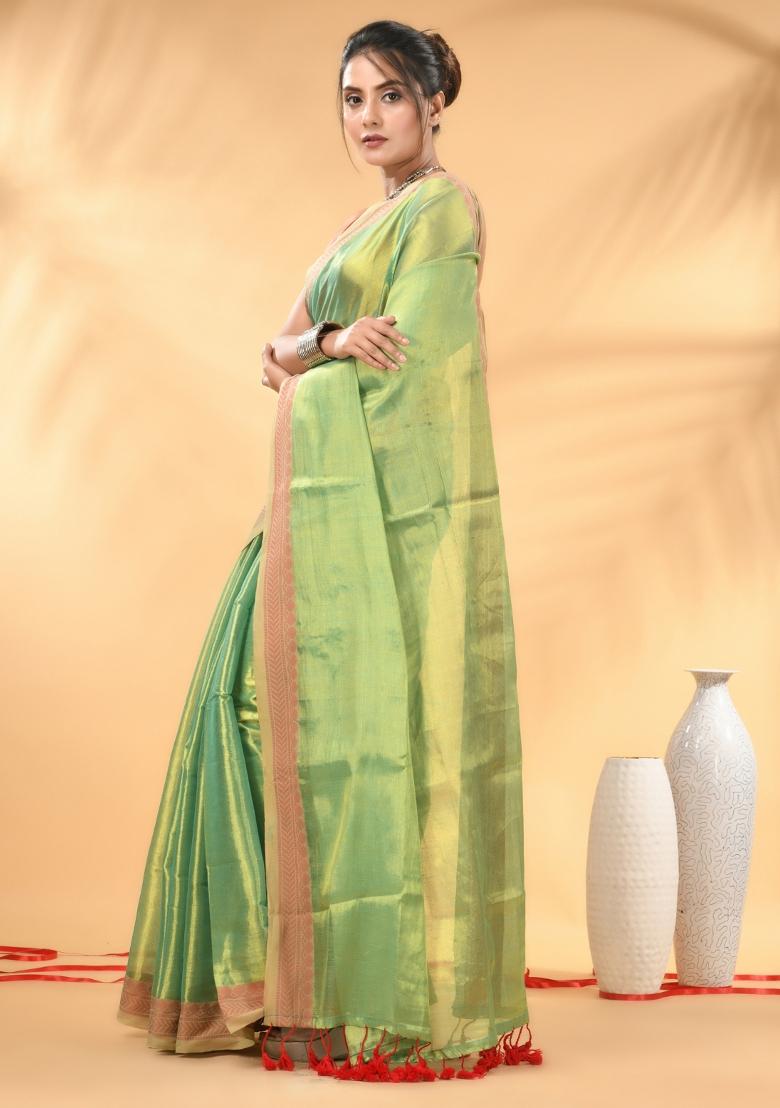 Sea Green Floral Embroidery Tissue Saree Set - Indya