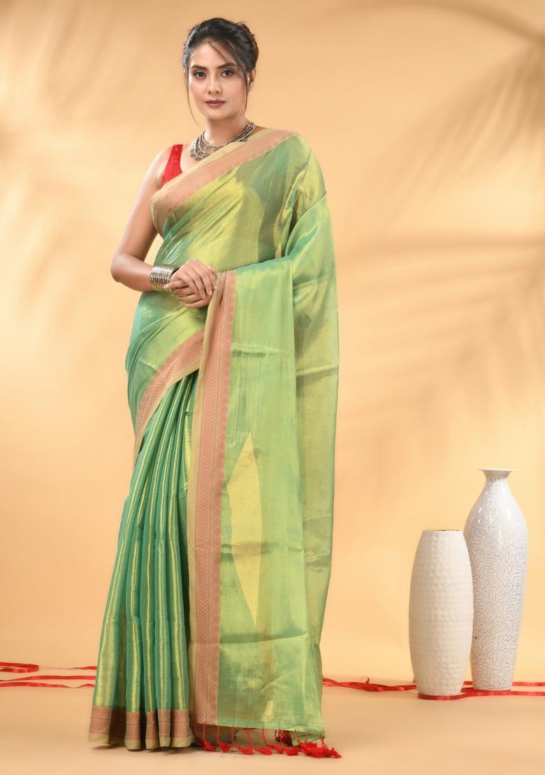 Sea Green Floral Embroidery Tissue Saree Set - Indya