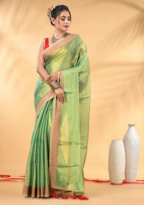 Sea Green Floral Embroidery Tissue Saree Set