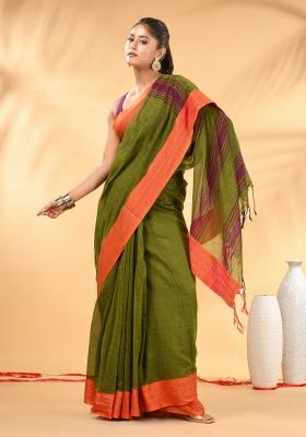 Olive Green Floral Embroidery Mulmul Saree Set
