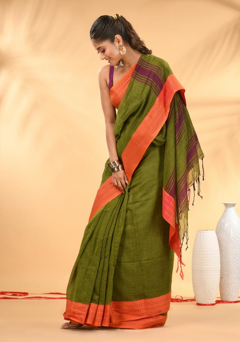 Olive Green Floral Embroidery Mulmul Saree Set - Indya