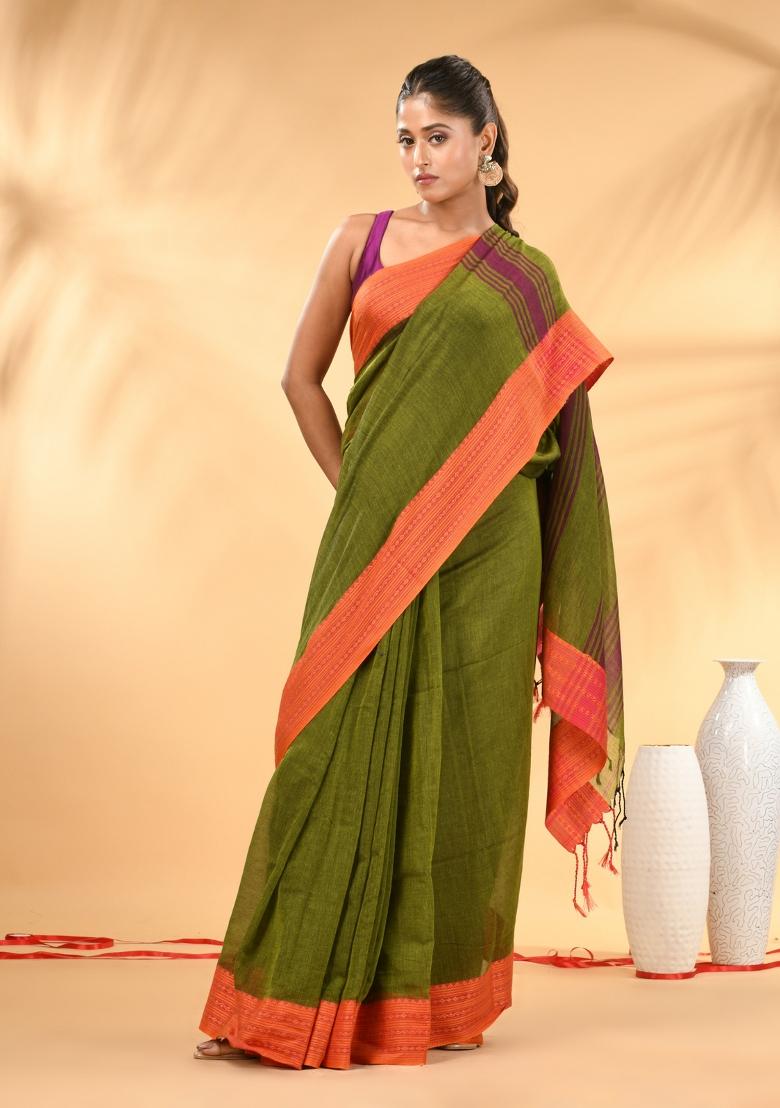 Olive Green Floral Embroidery Mulmul Saree Set - Indya