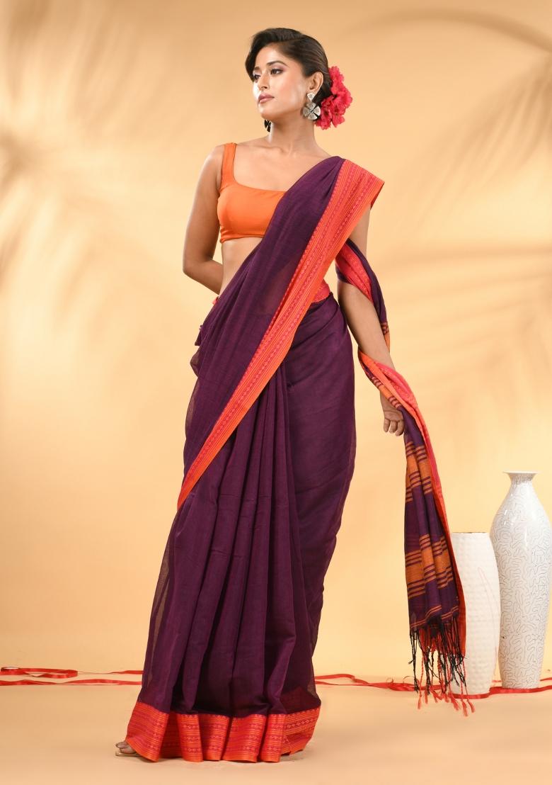 Purple Floral Embroidery Mulmul Saree Set
