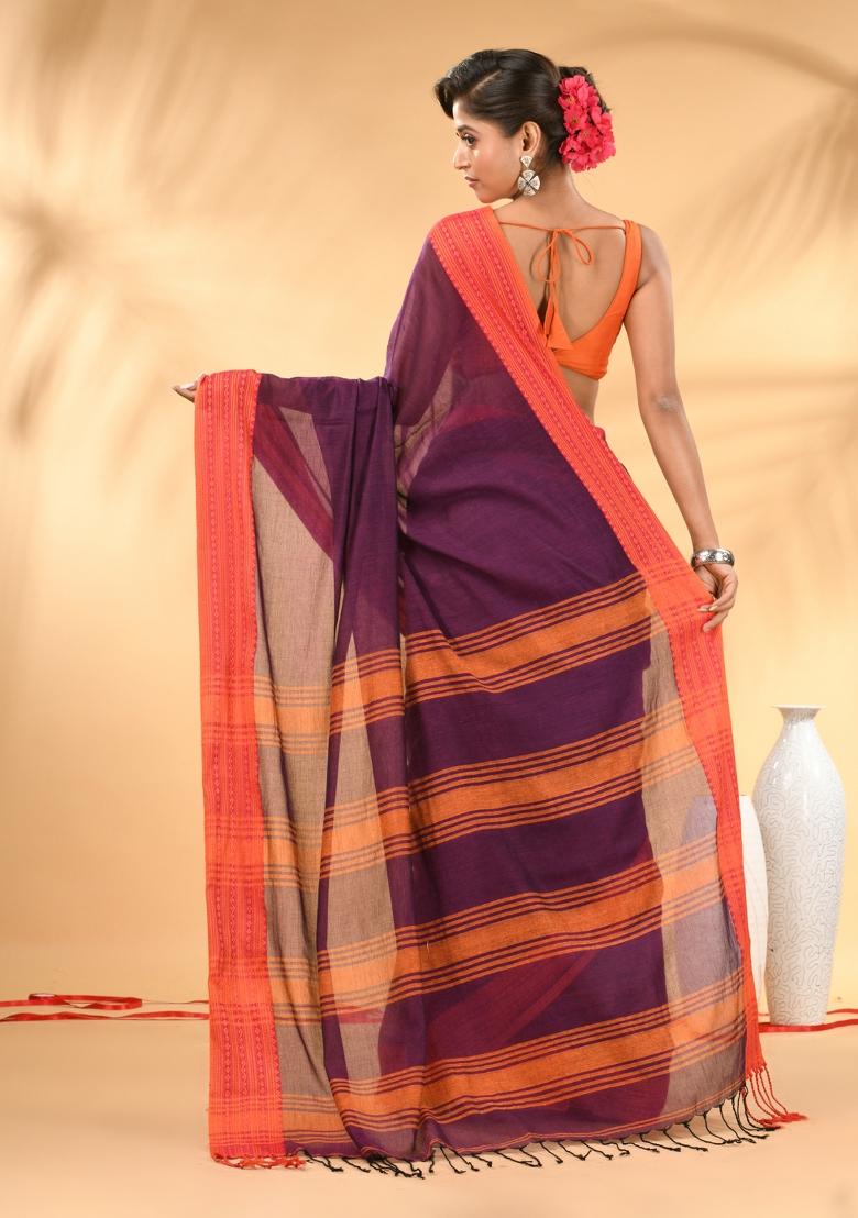 Purple Floral Embroidery Mulmul Saree Set