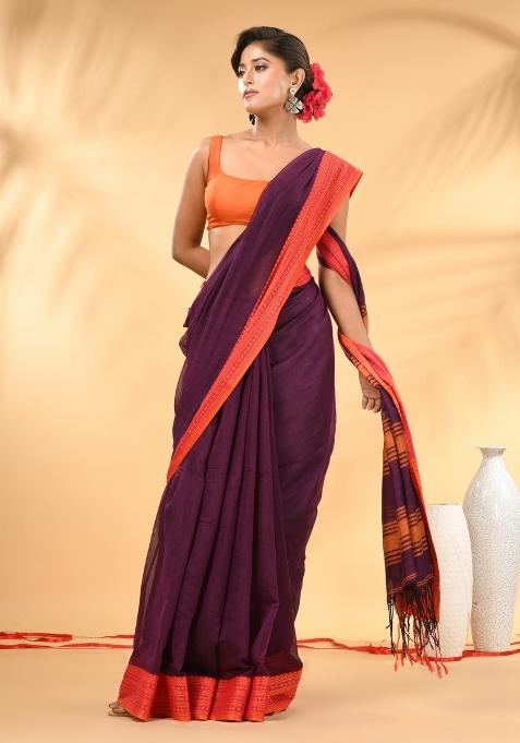 Purple Floral Embroidery Mulmul Saree Set
