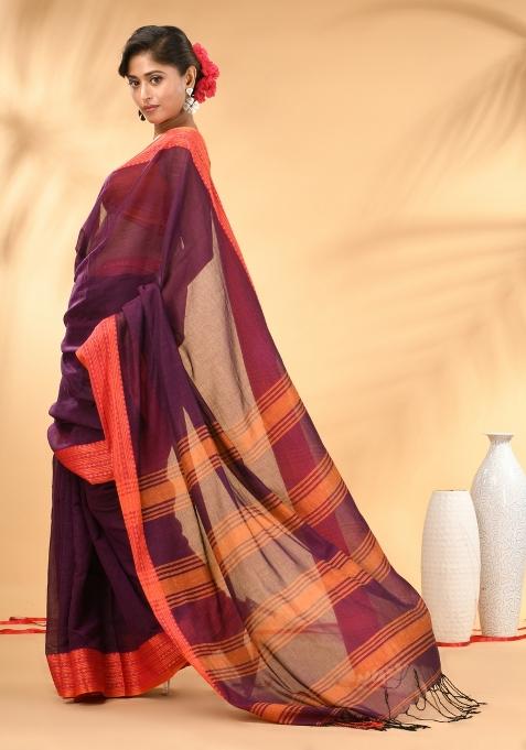 Purple Floral Embroidery Mulmul Saree Set