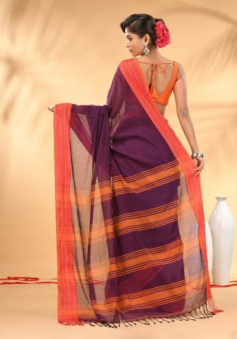 Purple Floral Embroidery Mulmul Saree Set