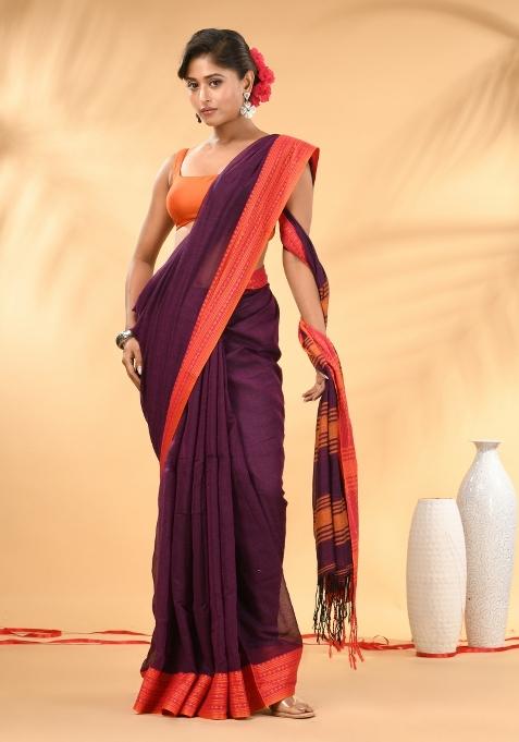 Purple Floral Embroidery Mulmul Saree Set