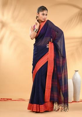 Blue Floral Embroidery Mulmul Saree Set