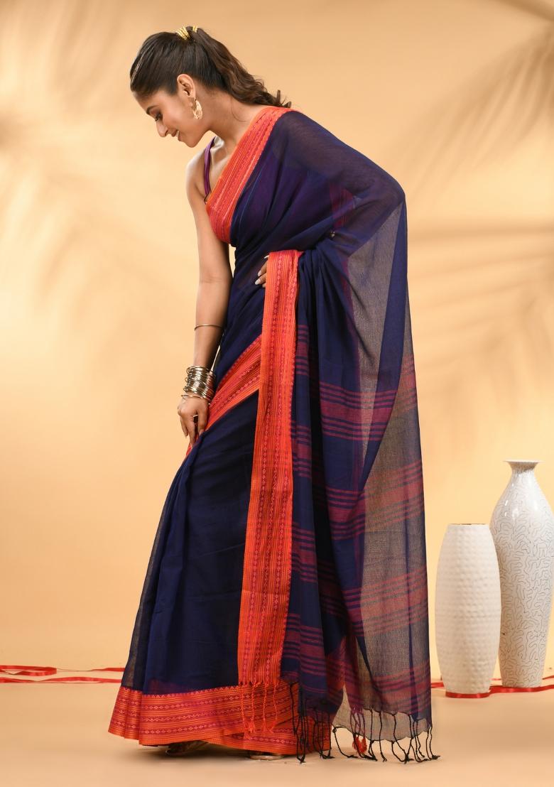 Blue Floral Embroidery Mulmul Saree Set - Indya