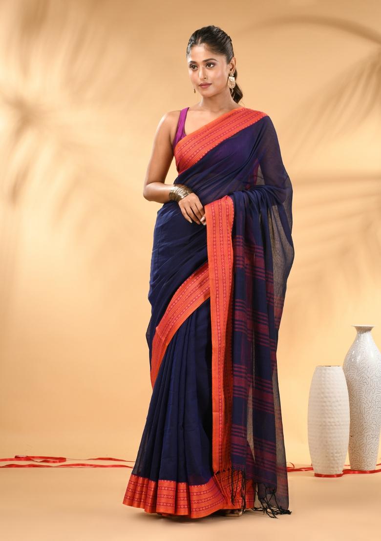 Blue Floral Embroidery Mulmul Saree Set - Indya