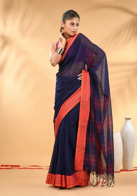 Blue Floral Embroidery Mulmul Saree Set