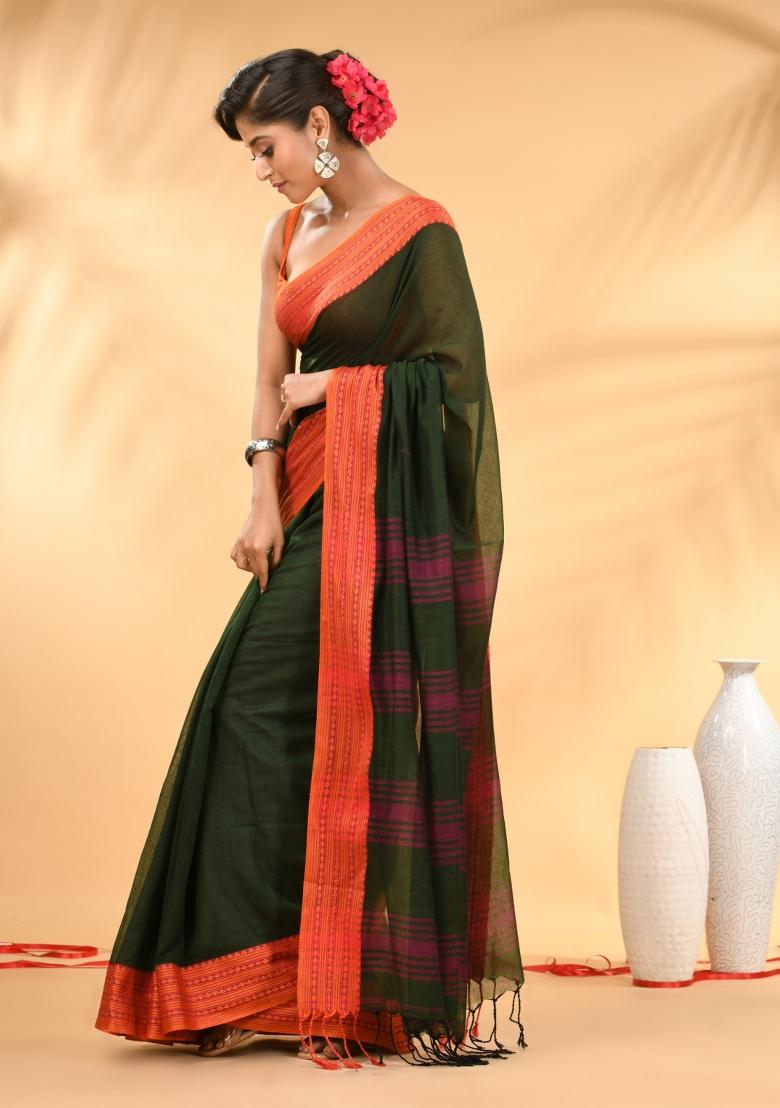 Forest Green Floral Embroidery Mulmul Saree Set - Indya