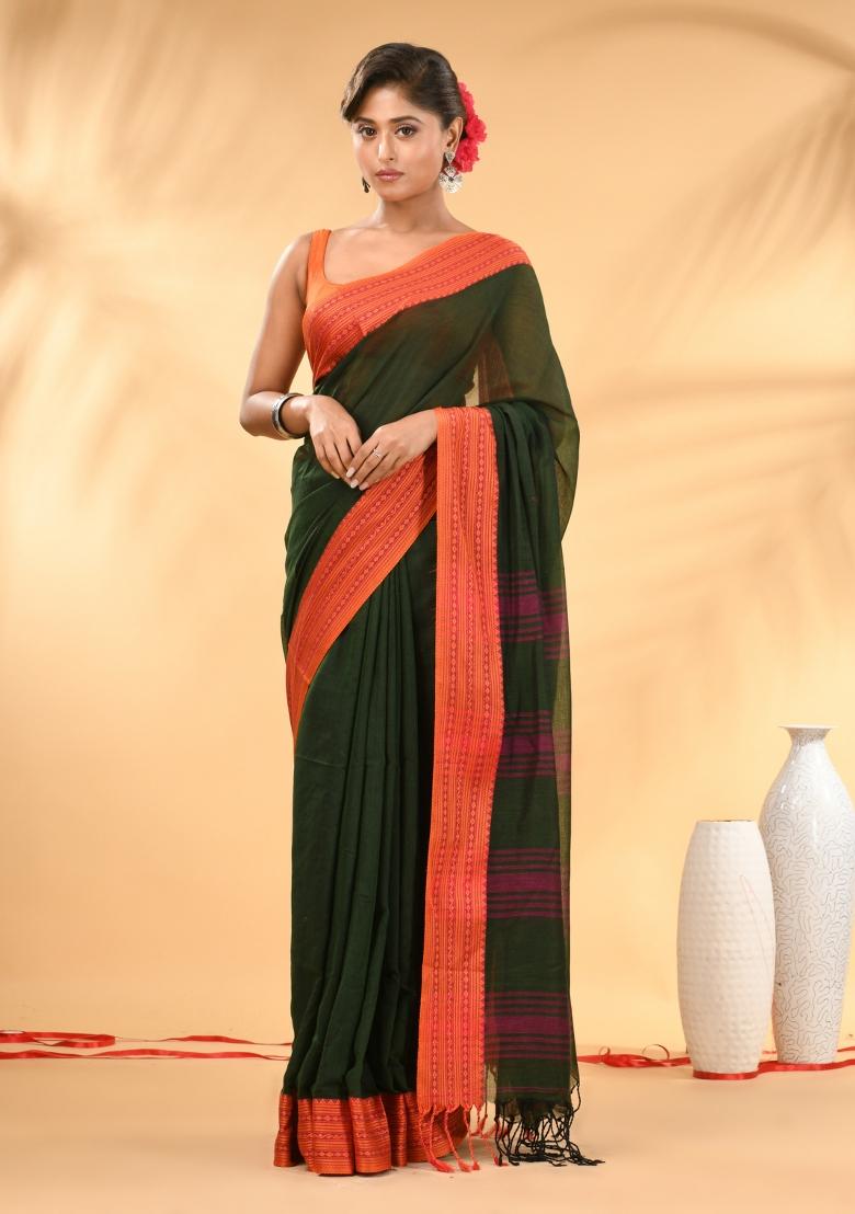 Forest Green Floral Embroidery Mulmul Saree Set - Indya