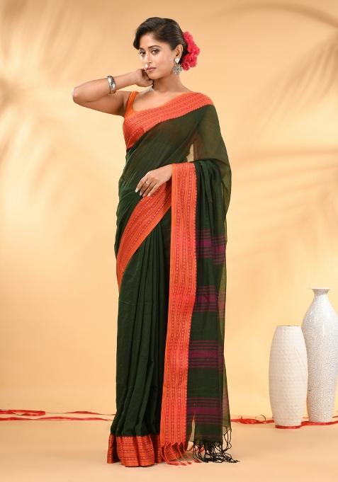 Forest Green Floral Embroidery Mulmul Saree Set