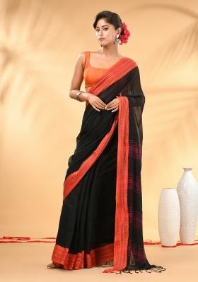 Black Floral Embroidery Mulmul Saree Set