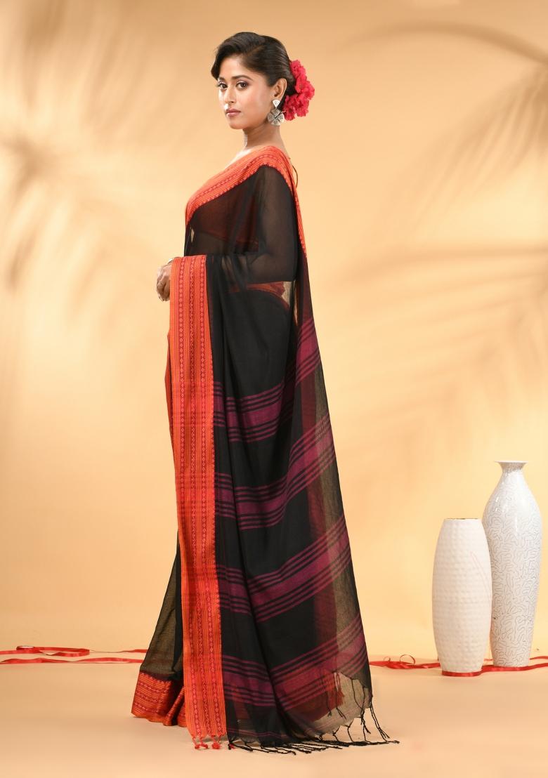 Black Floral Embroidery Mulmul Saree Set - Indya