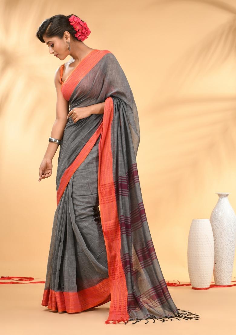 Grey Floral Embroidery Mulmul Saree Set - Indya