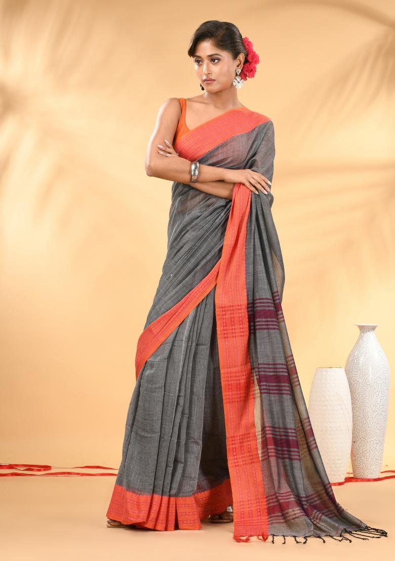 Grey Floral Embroidery Mulmul Saree Set - Indya