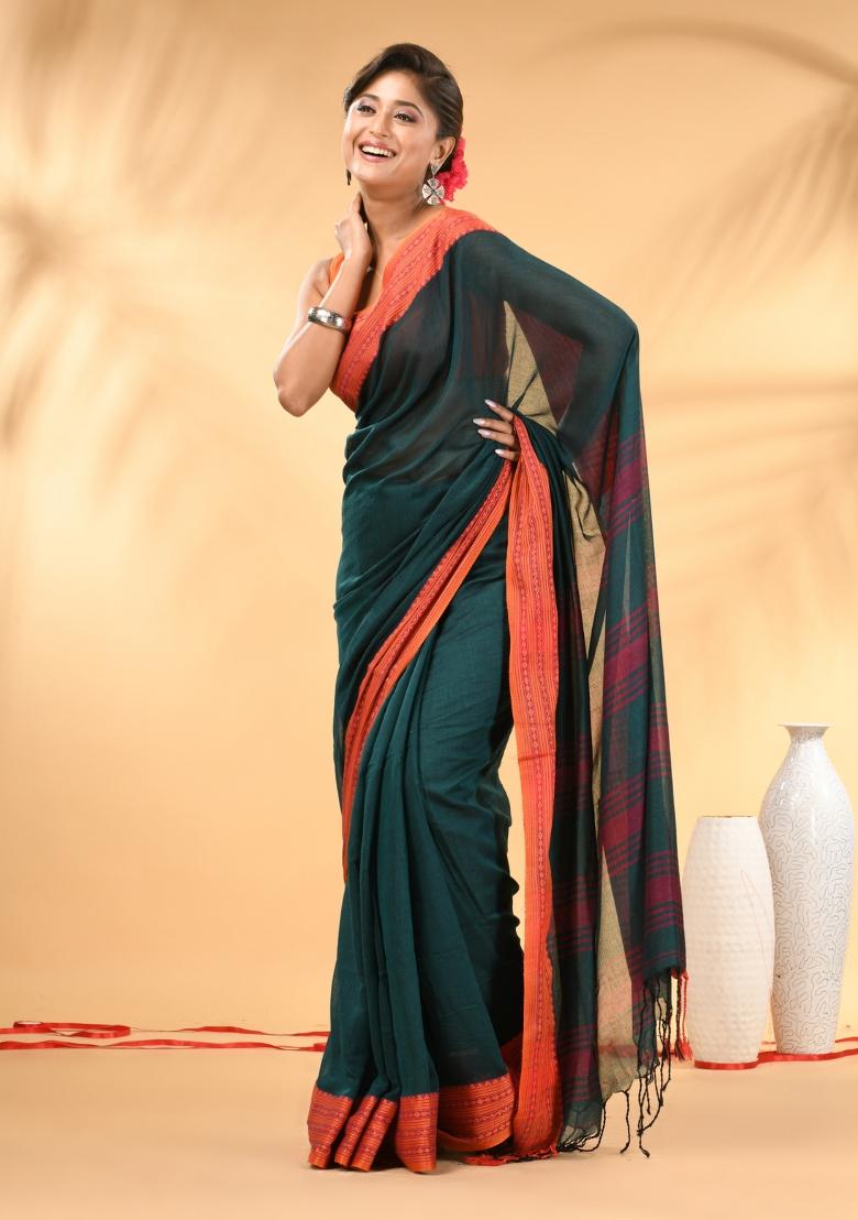 Teal Floral Embroidery Mulmul Saree Set