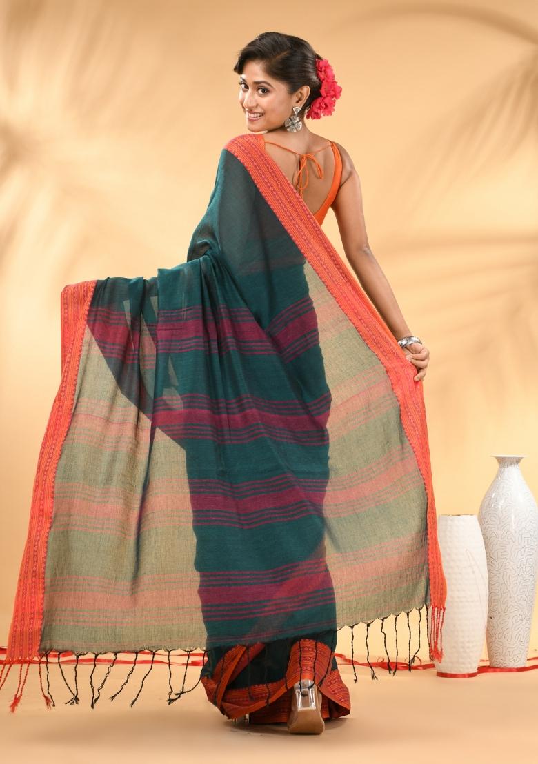 Teal Floral Embroidery Mulmul Saree Set