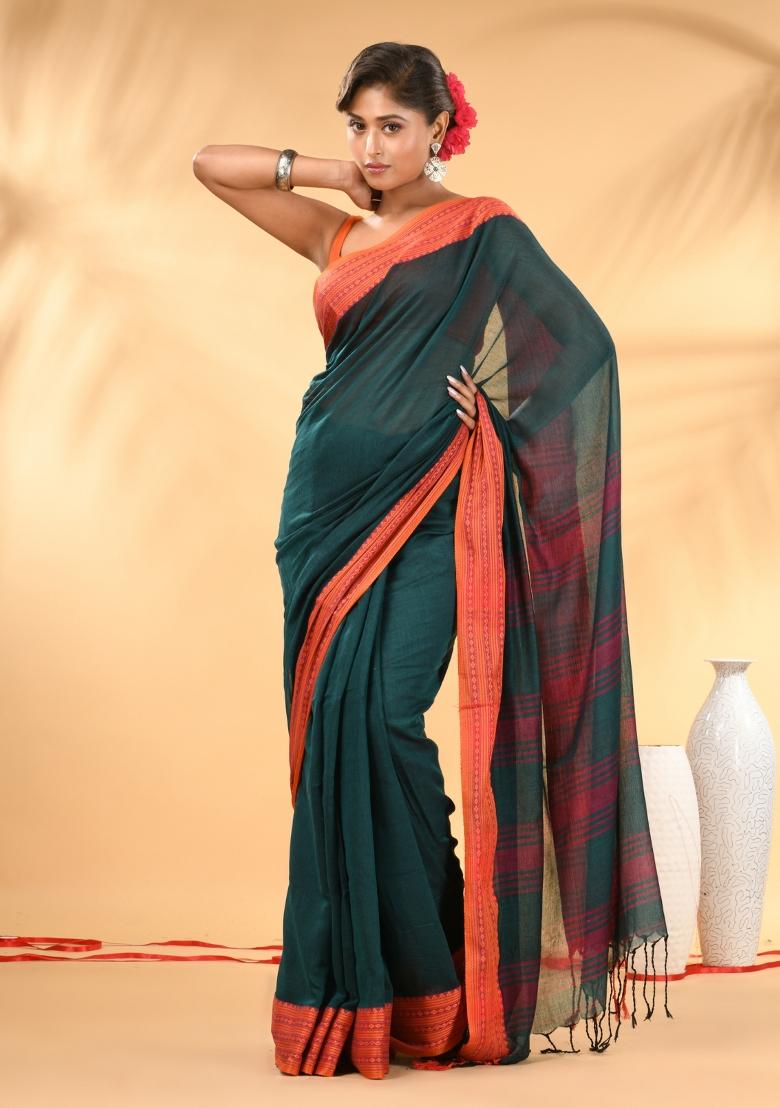 Teal Floral Embroidery Mulmul Saree Set - Indya