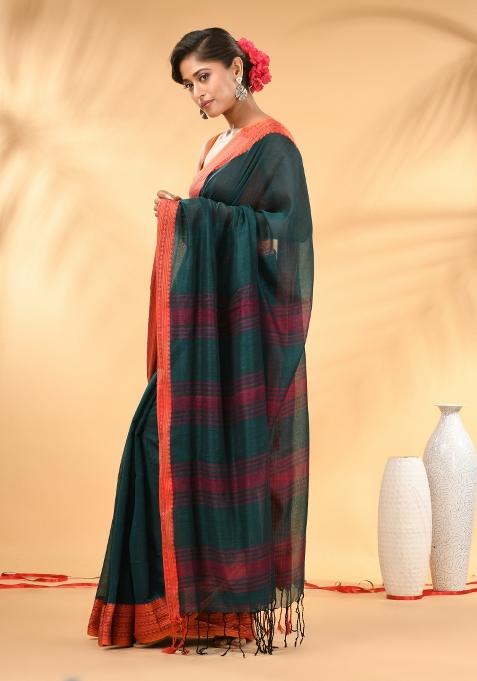 Teal Floral Embroidery Mulmul Saree Set