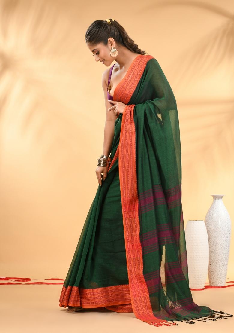 Green Floral Embroidery Mulmul Saree Set - Indya