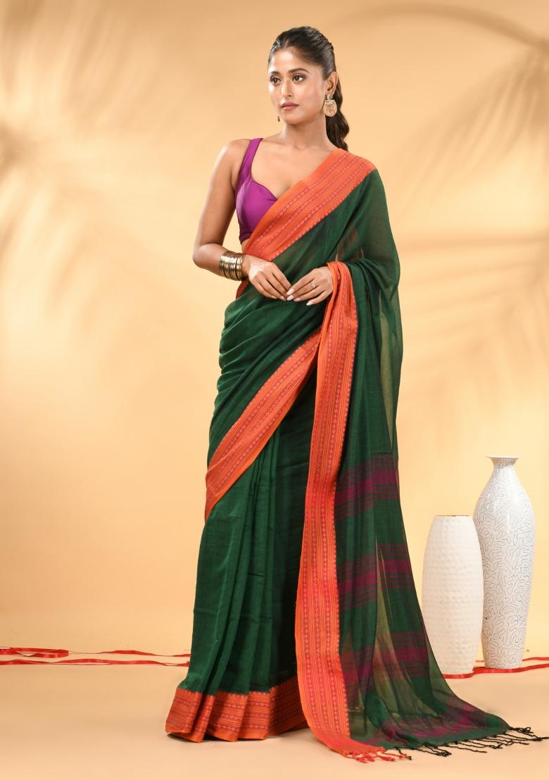 Green Floral Embroidery Mulmul Saree Set - Indya