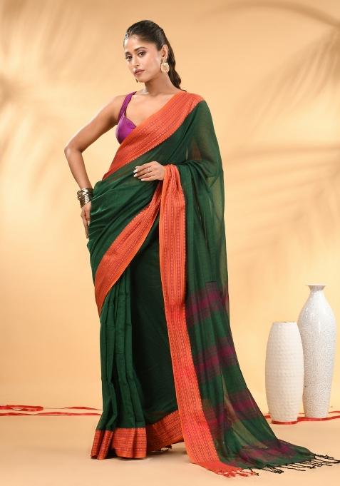 Green Floral Embroidery Mulmul Saree Set