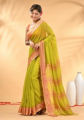 Lime Green Floral Embroidery Mulmul Saree Set