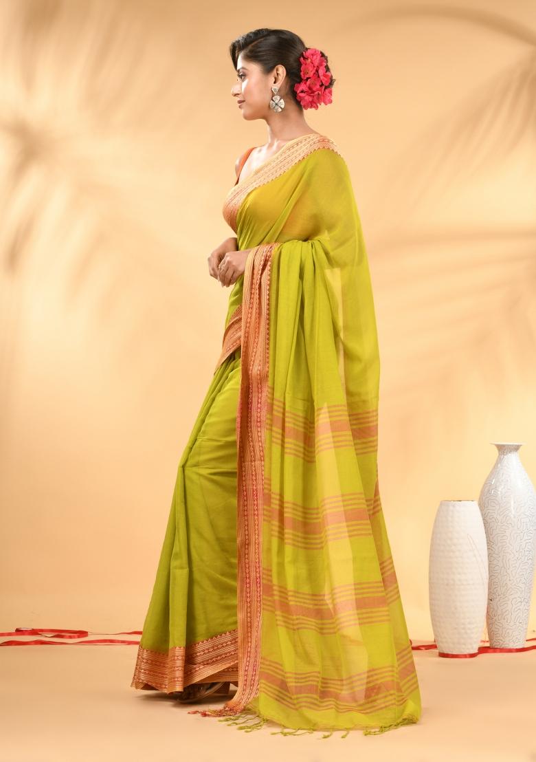 Lime Green Floral Embroidery Mulmul Saree Set - Indya
