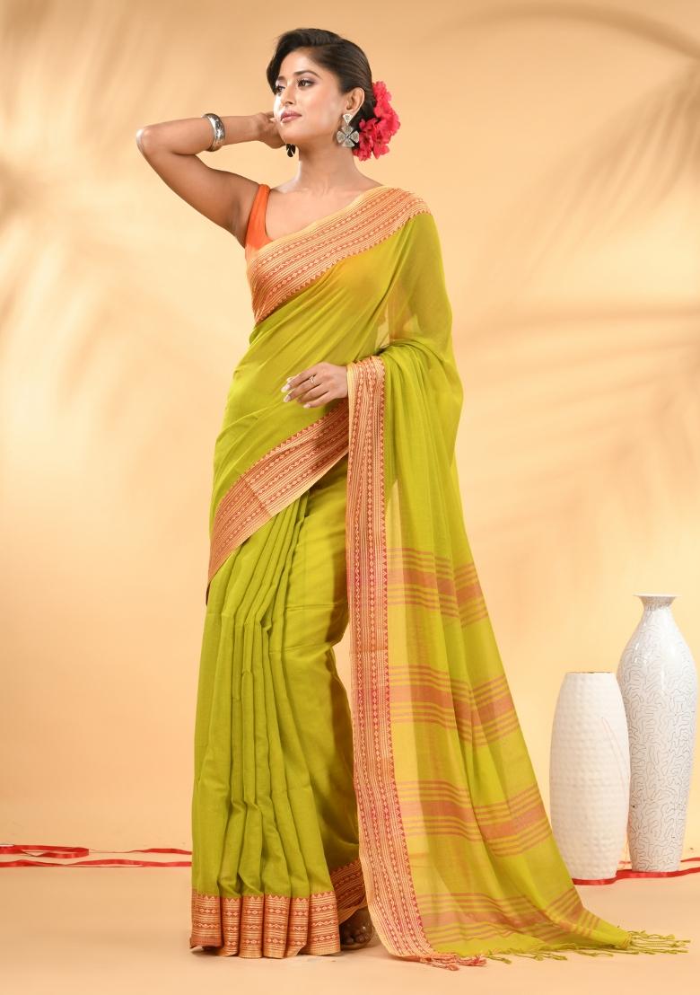 Lime Green Floral Embroidery Mulmul Saree Set - Indya