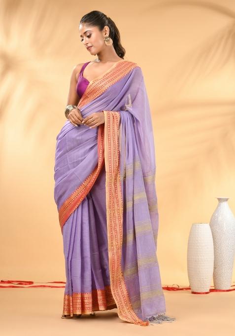 Light Violet Floral Embroidery Mulmul Saree Set