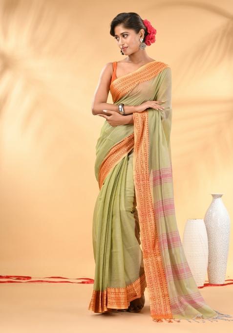 Beige Floral Embroidery Mulmul Saree Set