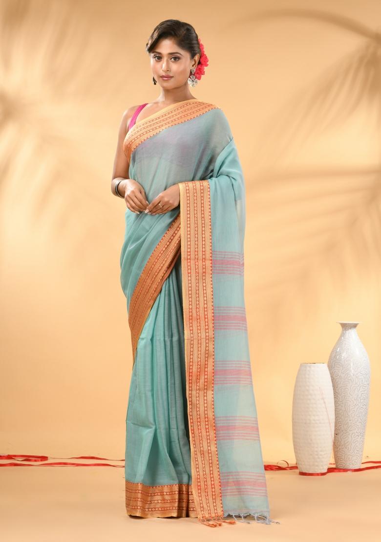 Turquoise Blue Floral Embroidery Mulmul Saree Set