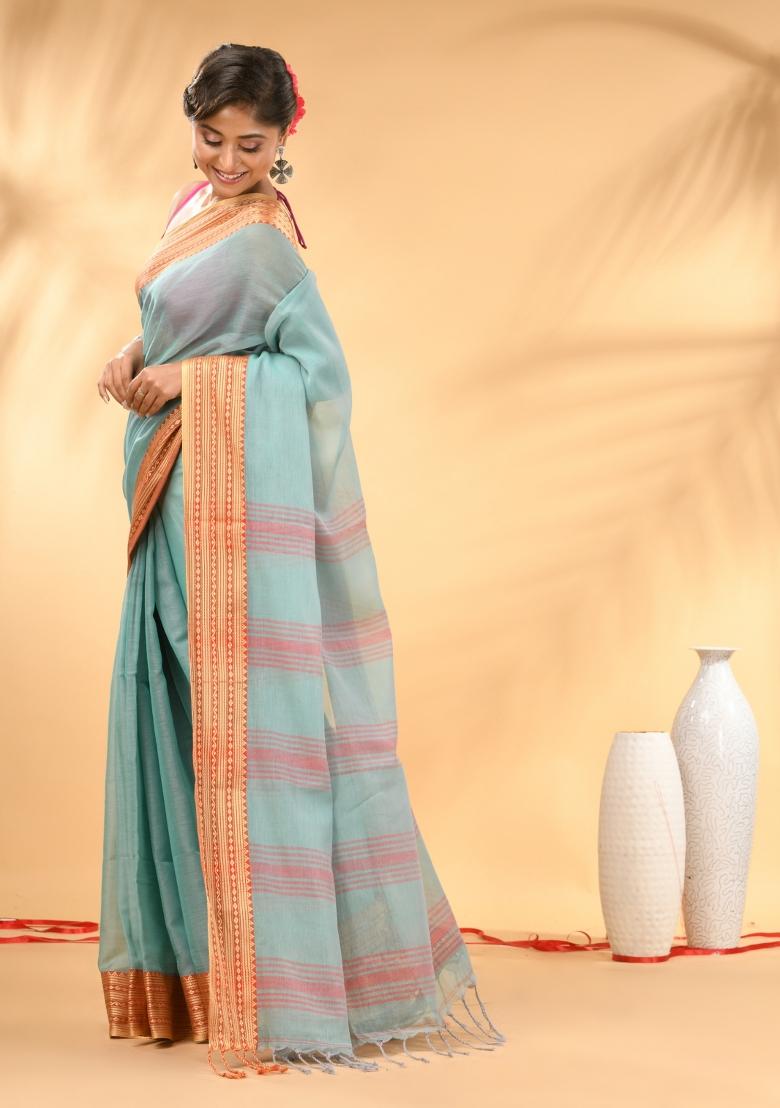 Turquoise Blue Floral Embroidery Mulmul Saree Set - Indya