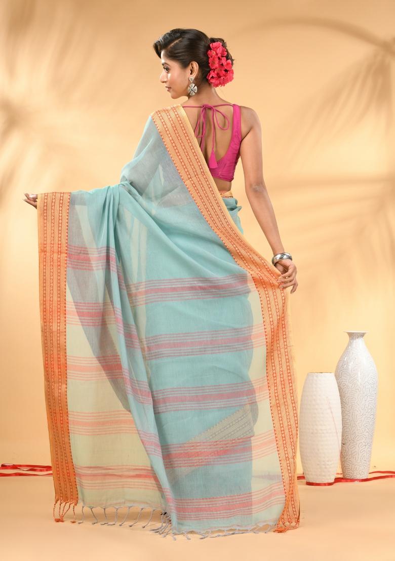 Turquoise Blue Floral Embroidery Mulmul Saree Set