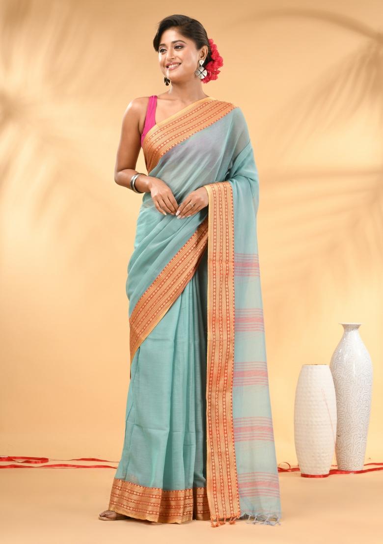 Turquoise Blue Floral Embroidery Mulmul Saree Set - Indya