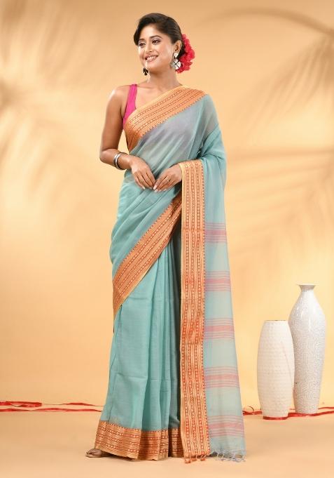 Turquoise Blue Floral Embroidery Mulmul Saree Set